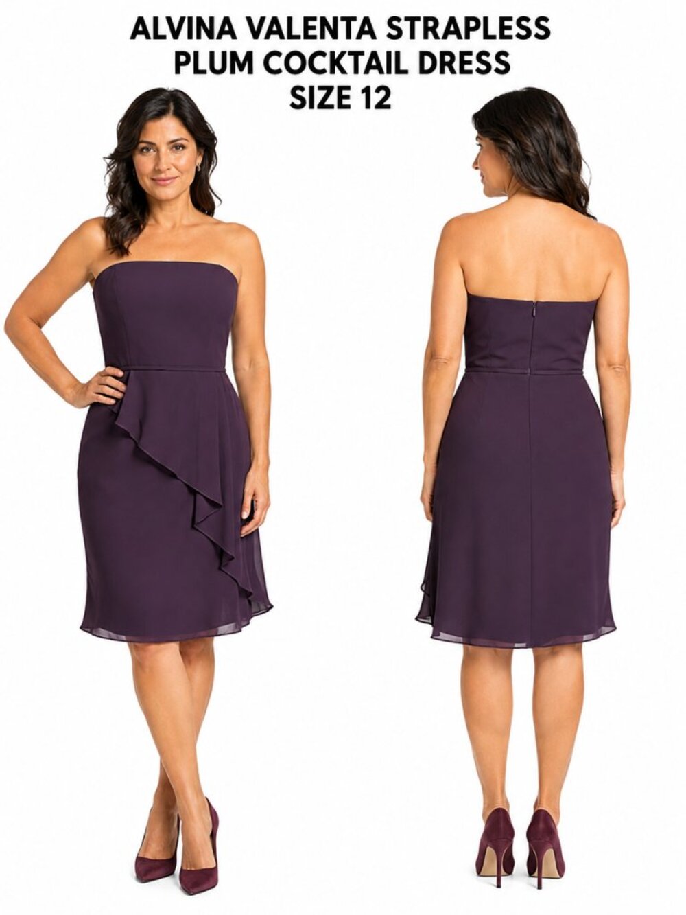 ALVINA VALENTA PLUM STRAPLESS CHIFFON OVERLAY COCKTAIL DRESS SIZE 12